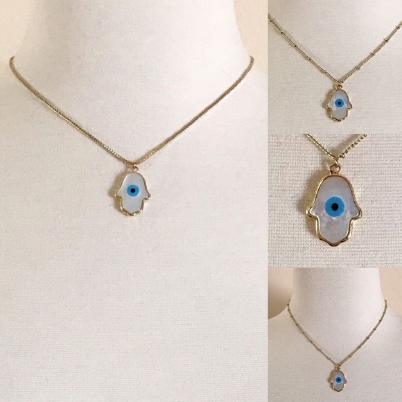 LAST ONE Hamsa Evil Eye 14K Gold Shell Necklace - Picture 2 of 7